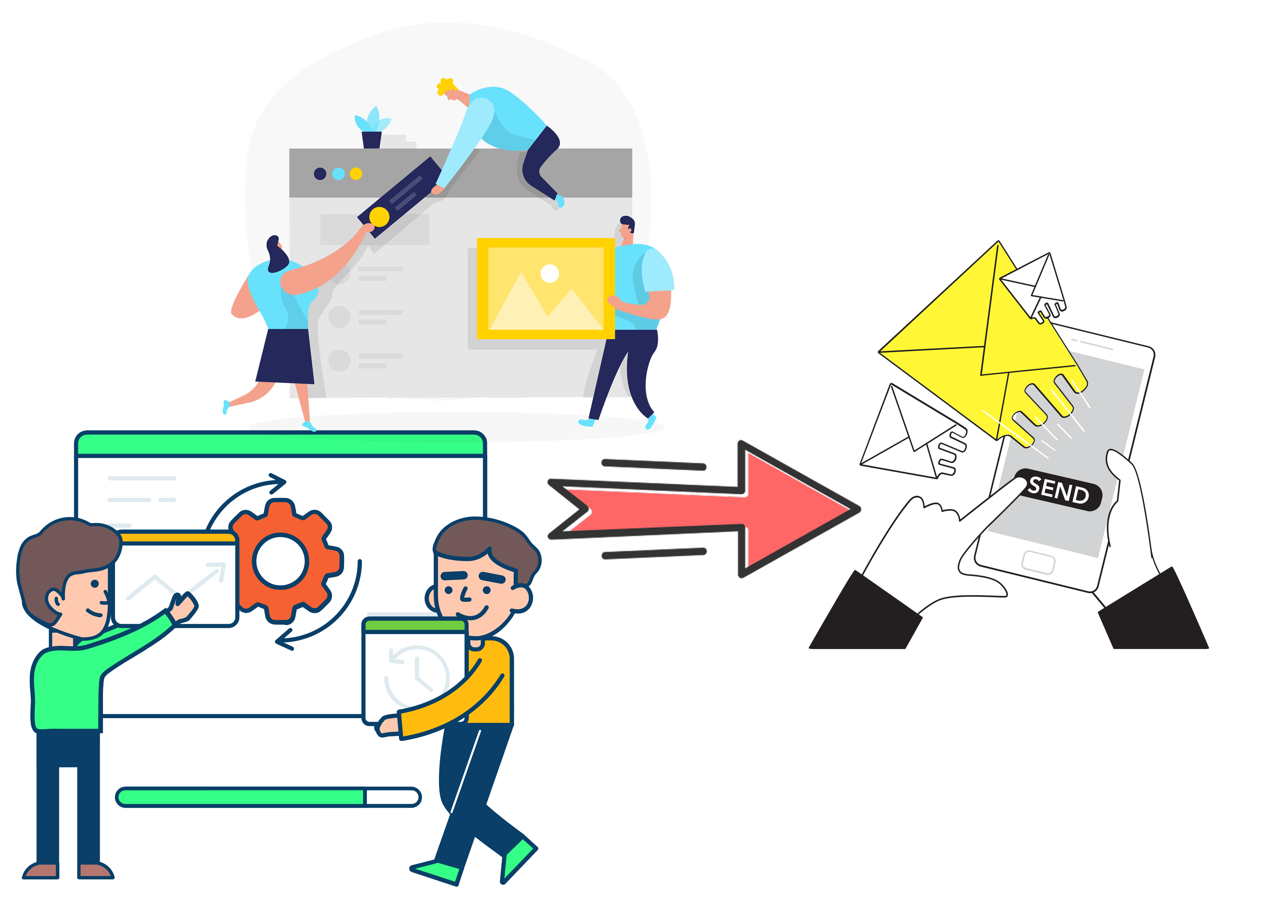 Illustration of dashboards, charts, and data analytics